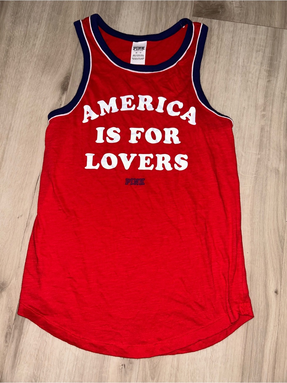 PINK Victoria's Secret Red Muscle Tee with Navy Trim